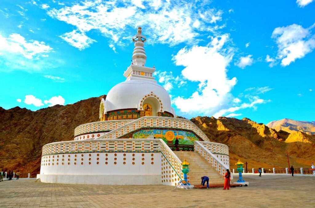 "Shanti Stupa Leh Ladakh: Majestic Buddhist monument amidst the Himalayas, emanating tranquility and spiritual serenity."