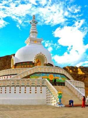 "Shanti Stupa Leh Ladakh: Majestic Buddhist monument amidst the Himalayas, emanating tranquility and spiritual serenity."