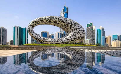 "Exterior view of the futuristic Museum of the Future in Dubai, showcasing its unique architectural design and innovative approach to technology."