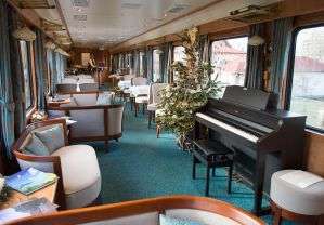 "Danube Express luxury train passing through the countryside"