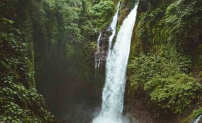 "Bali Waterfall: Majestic cascades flowing amidst lush greenery, a breathtaking natural wonder."