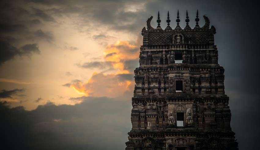 "Exterior view of Sri Seetha Rama Chandra Swamy Temple, Ammapally Narkhoda with intricate carvings and decorative elements, South India"