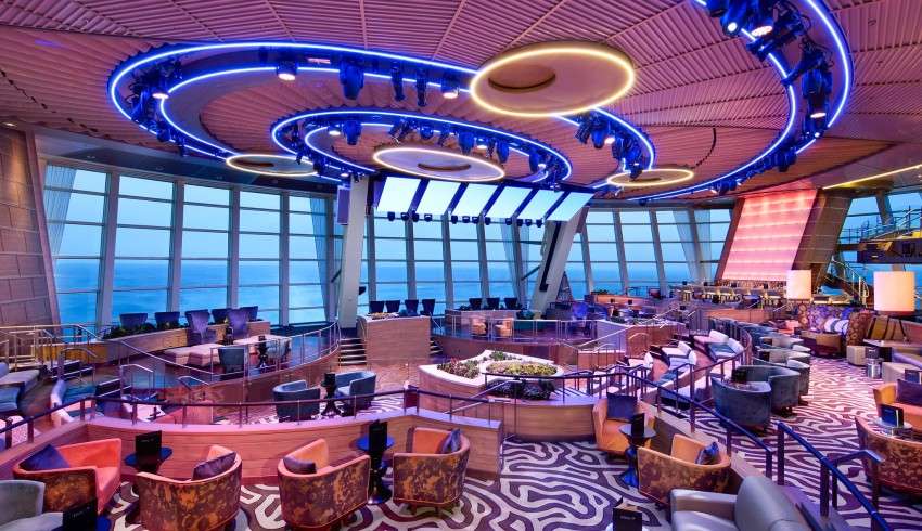 "Underwater view from dining tables in a cruise ship restaurant"