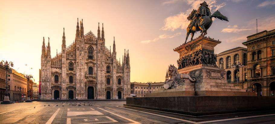 "Sunrise at Piazza del Duomo, Milan, Italy with the cathedral in the background"