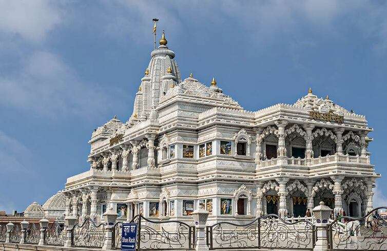 "Prem Mandir India - A beautiful temple complex with intricate carvings and decorations"