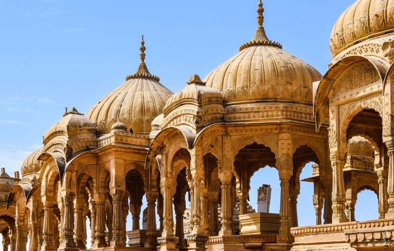 "Sunset over Bada Bagh cenotaphs in Jaisalmer, Rajasthan"