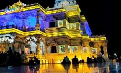 "Prem Mandir Love Temple glowing in the night in Vrindavan,